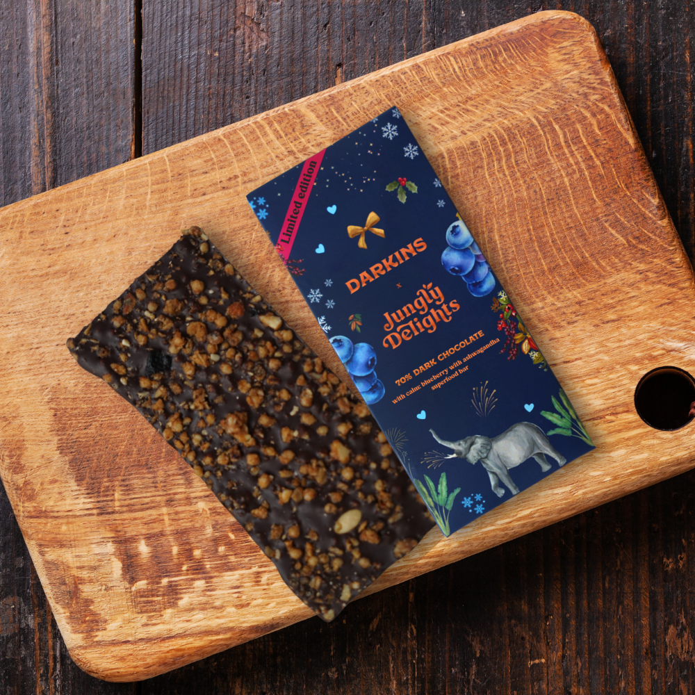 Load image into Gallery viewer, 70% Dark Chocolate with Blueberry & Ashwagandha Superfood Bar (Calm Bar) - Darkins Chocolates