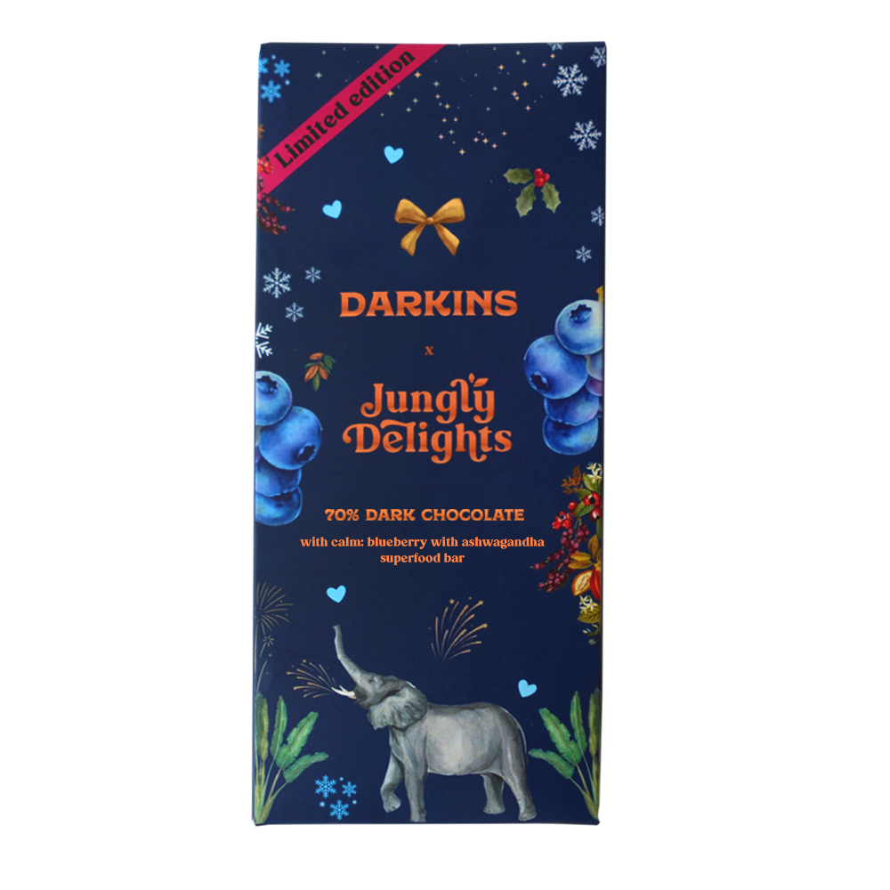 Load image into Gallery viewer, 70% Dark Chocolate with Blueberry & Ashwagandha Superfood Bar (Calm Bar) - Darkins Chocolates
