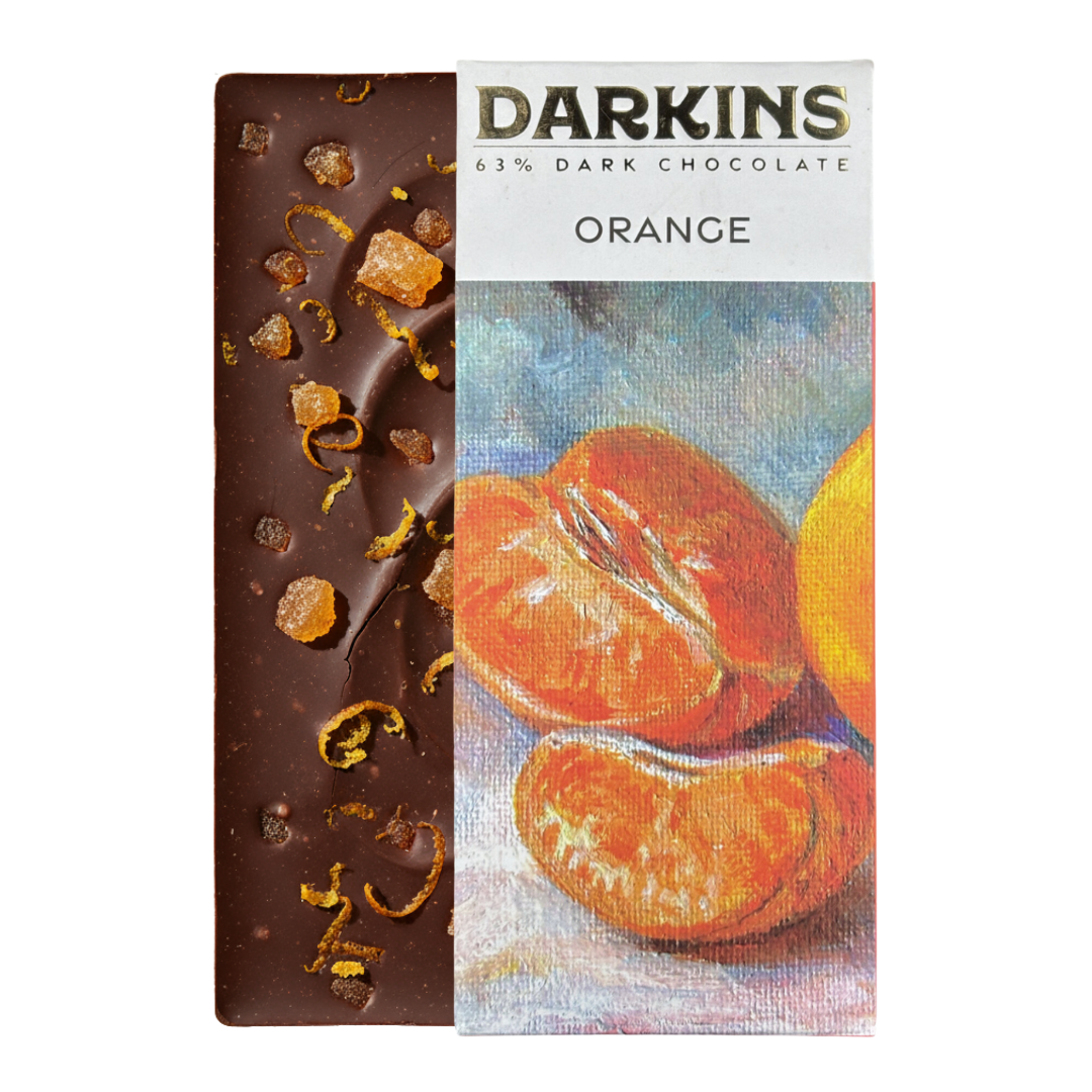63% Artisanal Dark Chocolate with Orange – Darkins Chocolates 63% Artisanal Dark Chocolate with Orange – Darkins Chocolates