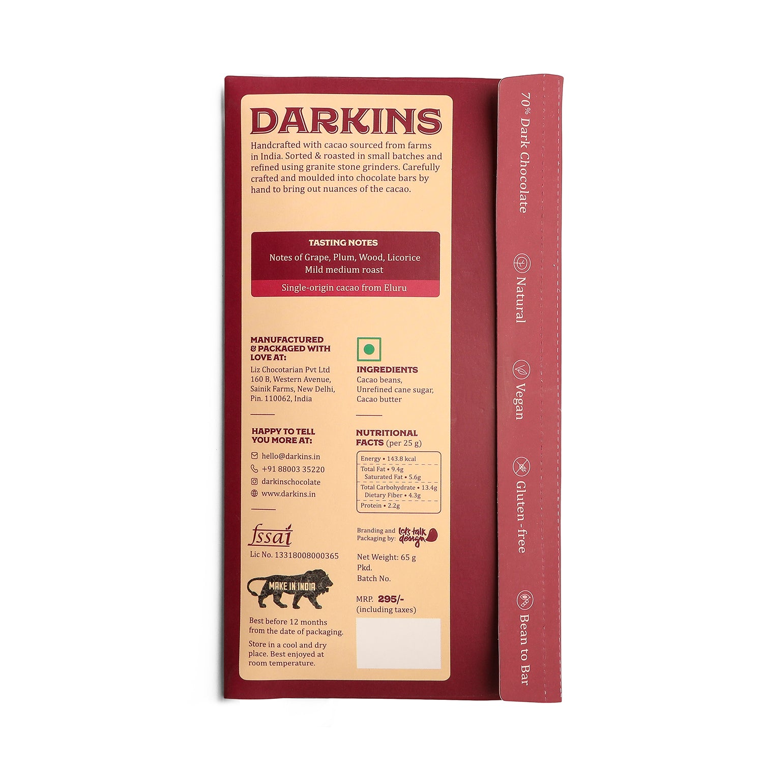 70% Dark Chocolate- Single Origin cacao from Andhra Pradesh - Darkins Chocolates